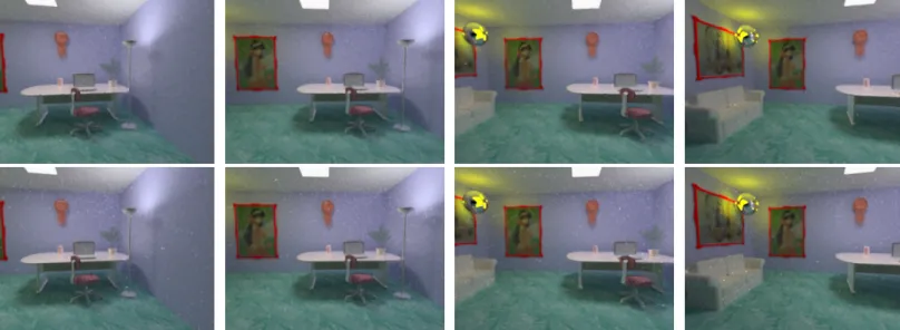 Figure 4: 這乃是使用 PMC-IP 演算法所生成的房間動畫。第一排是使用了 PMC-IP 演算法迭代演 算 64 次後所生成的動畫中編號 1、31、61 和 91 的影像。第二排則是使用每個像素 1024 個抽樣 子的傳統 path tracing 演算法所生成的動畫中編號 1、31、61 和 91 的影像。觀察生成的動畫，