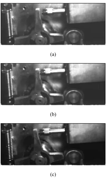 Figure 9.   Captured pictures of impact motion at (a) before contacting (b) during  contacting (c) after contacting
