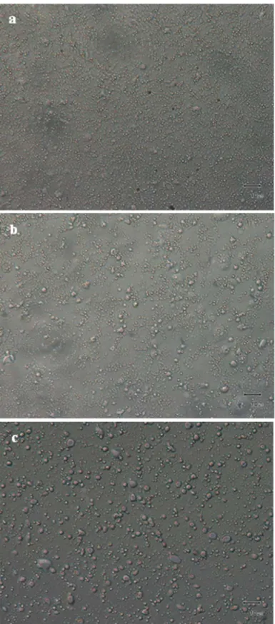 Figure 3 W/O dropelts of M1P4-10 (a), M1P4-20 (b), and M1P4-30 (c) under 400x microscope 474 