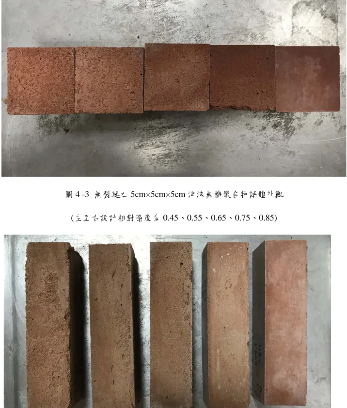 圖 4 -4  無裂縫之 4cm×4cm×16cm 泡沫無機聚合物試體外觀  (左至右設計相對密度為 0.45、0.55、0.65、0.75、0.85) 