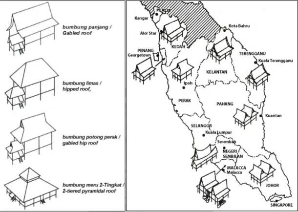 Figure 1.14 Type of Malay house and the distribution in Peninsular Malaysia  Source: Ismail, 2005: p.15&amp;16 