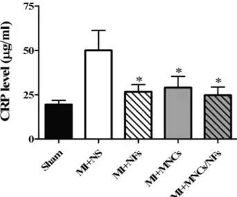 Figure 7. Injection of peptide NFs decreases CRP level after infarction. Statistics of CRP levels
