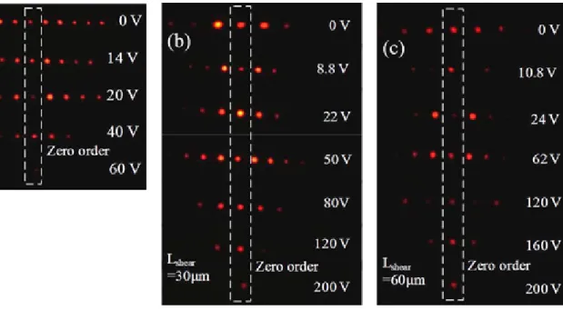 Fig. 3. Diffraction patterns of an SLC grating  observed under, (a) P//A, (b) P⊥A. before stress  (upper) and after shearing (bottom) with a L shear