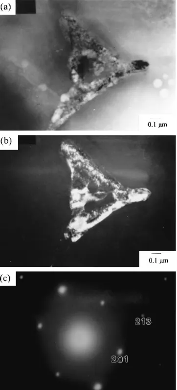 FIG. 8. TEM images and an ED pattern of the grain boundaries for the LAS 4 precursor powders with 3.0 wt% LiF and sintered at 1050 °C for 5 h: (a) BF images; (b) DF images; (c) corresponding ED pattern showing the ␤-spodumene solid solution phase.