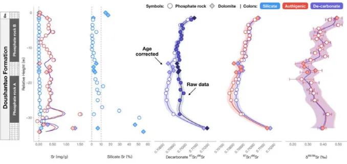 Fig. 7. Temporal variations in Sr  concentration,  87 Sr/ 86 Sr, and δ 88/86 Sr compositions of various geochemical  fractions, including de-carbonate, authigenic, and detrital (silicate), for the Doushantuo phosphate rocks