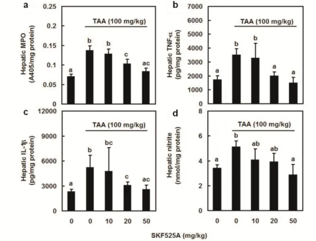 Figure  6.  Effects  of  CYP  2E1  inhibitor  SKF525A  on  myeloperoxidase  (MPO)  activity  and  proinflammatory  mediator  production  after  thioacetamide  (TAA)  administration