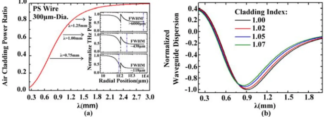 Fig. 1. (a) Fractional power in the air cladding for a 300μm-core-diameter-PS wire. The inset  shows the THz power distribution across the PS wire