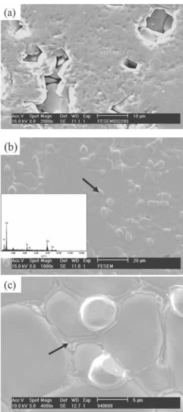 FIG. 7. Comparison of the microstructures of 共a兲 undoped and 共b兲 CaSiO 3 -doped CCTO, in which the second-phase particles,  in-dicated by an arrow, are characterized by EDS 共inset兲 and shown to be Cu rich