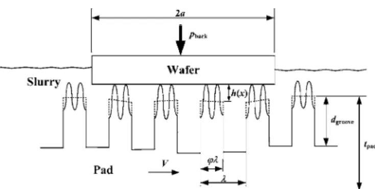Figure 1. Schematic of the model system 共with compressed asperities and grooves on the pad 兲.