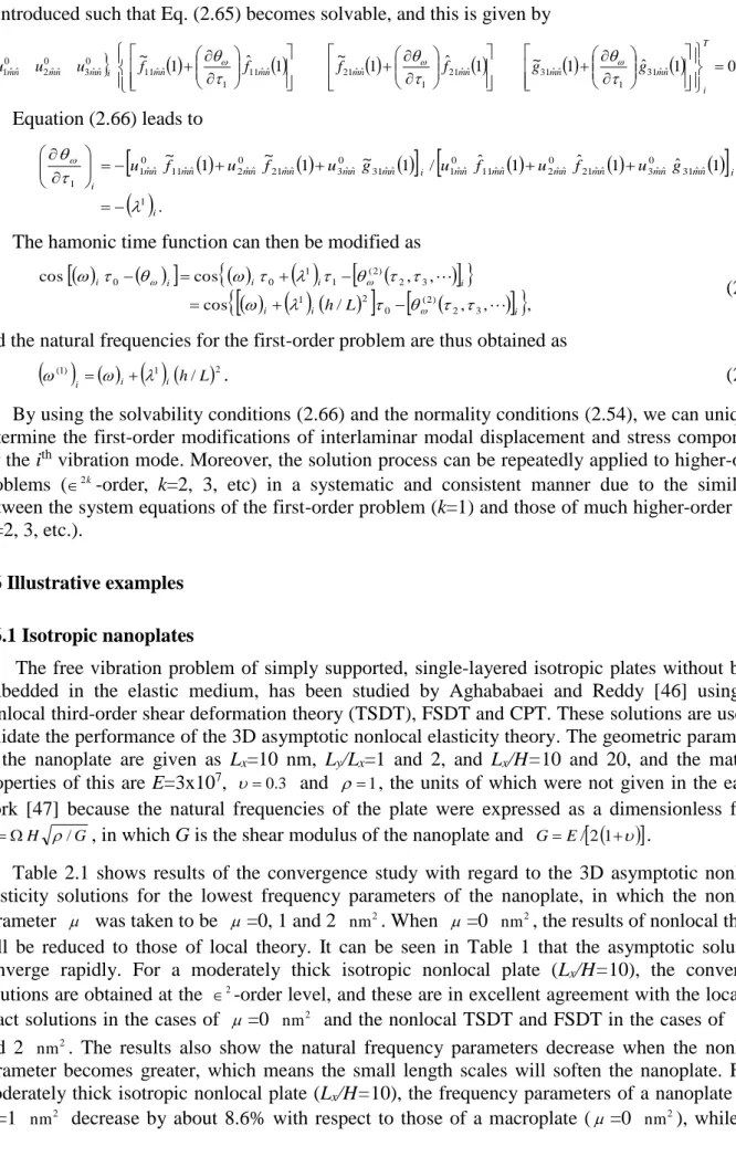 Table  2.1  shows  results  of  the  convergence  study  with  regard  to  the  3D  asymptotic  nonlocal  elasticity  solutions  for  the  lowest  frequency  parameters  of  the  nanoplate,  in  which  the  nonlocal  parameter     was taken to be   =0, 1