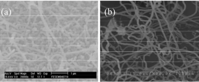 Figure 3.    SEM images of resultant samples heated for 5 hr. at respective growth temperature and NH 3  flow  rate of (a) 920°C and 50 sccm, and (b) 950°C and 20sccm