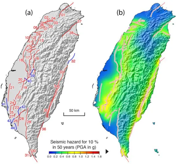 圖  4. 1、(a)  新版台灣地震模型之孕震構造分布，藍色線段代表新增或延伸之 孕震構造（相關孕震構造參數詳見  Chan et al., submitted）、(b) TEM PSHA2015 