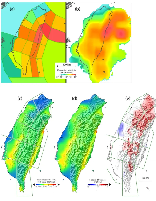 圖 4. 4、(a)  區域震源模型與  (b)  平滑模型評估台灣地區地震活動度，以及  (c)  考量區域震源模型與  (d)  平滑模型所得五十年內超越 10 %  機率之最大地表加