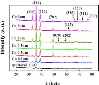Fig. 3. XRD spectra measured from CuO layer and thermally treated sample. 