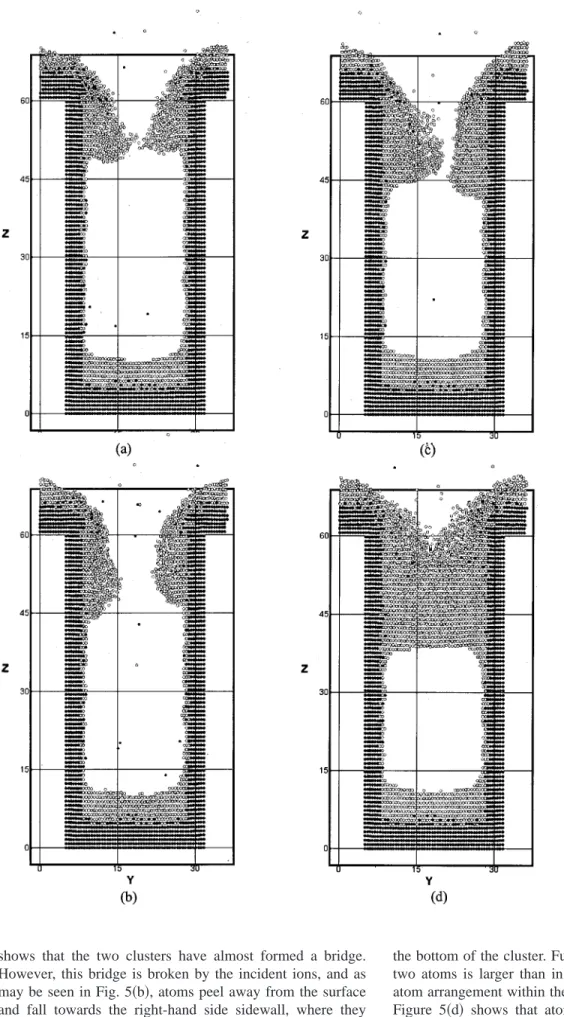 Figure 5 共d兲 shows that atoms have peeled away from the left-hand side cluster and have migrated a distance along the left-hand side sidewall