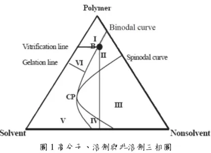 圖 2 (I, VI)緻密結構、(II)海綿結構、(III)雙連續結構、(IV)未成核 