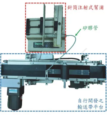 圖 5 硝化纖維膜塗佈平台  相轉換過程為將塗佈硝化纖維溶液之檢測電極晶片放入至穩定濕度之烘箱中，烘箱溫度 維持在  30˚C，為確保其環境可使硝化纖維膜維持穩定相轉換環境，使硝化纖維溶液由液態 轉換至固態薄膜狀，並在高分子貧相溶液中轉換為連續孔洞結構。此連續孔洞結構將利於計 畫中透過側流層析法及毛細現象使玻璃纖維中金奈米粒子隨著溶液流動至檢測線，透過檢 測線上一次抗體鍵結上抗原，而抗原鍵結金奈米粒子，檢測線上金奈米粒子呈色深淺因應抗 原濃度隨之改變，而金奈米粒子的多寡影響其阻抗值，從而利用阻抗值判斷抗原濃