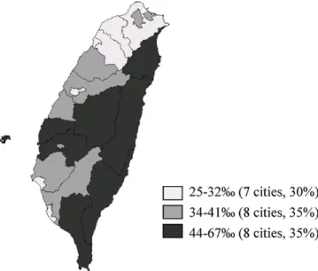 Fig. 5. Disability prevalence in women by administrative area, 2002–2009.