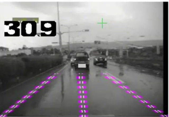 Fig. 18 Detection in the front view (a)  interference of windshield wipers. (b)  interference of strong light in rainy days