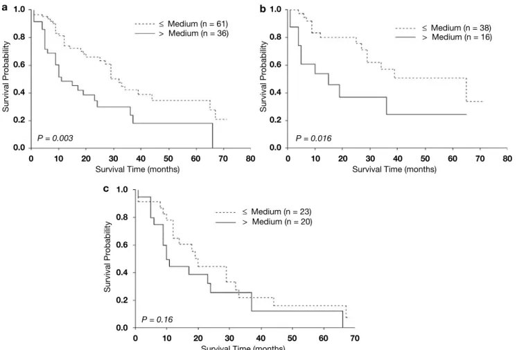 Figure 3 Kaplan–Meier survival curve with log-rank test for 97 patients after resection for esophageal squamous cell carcinoma.