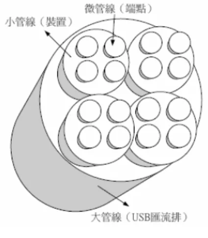 圖 2  匯流排拓樸[4]  圖 3  虛擬管線的概念 [6]  機，如圖 1 所示。  以可攜式裝置而言，有時候必須擔任 主控端的角色，而有時候則必須擔任週邊 配備的角色，雖然 USB 的專用接頭體積不 大，但建構於小巧的可攜式裝置之中，可 能還是過於龐大。又 USB 架構的主控端具 備有充足的電源，可以提供週邊配備電 力，對於一些電力有限的小型可攜式裝置 而言，會造成難以管理的負擔。故我們需 要的是一種能讓可攜式裝置直接互連的連 線方式，將數位相機直接連線到印表機， 不需要透過電腦主機，即可直接列印相片
