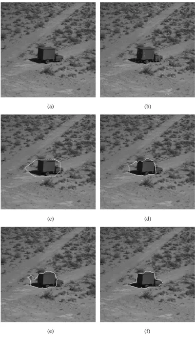 Figure 11. Expe r i me nt s f or t he  ‘ Tr uc k’ i mage. (a) Original image (256256 pixels), (b) converged active points, (c) result of active-points phase (initial snakes) (d thd = 12 pixels, n thd = 15 points), (d) result of greedy snake (α= 0.5, β= 0.