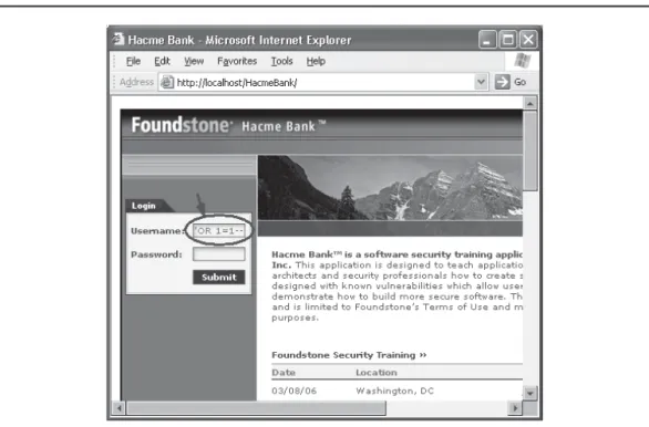 Figure 1-1  Entering the string ‘OR 1=1-- bypasses the login screen for Foundstone’s sample  Hacme bank application