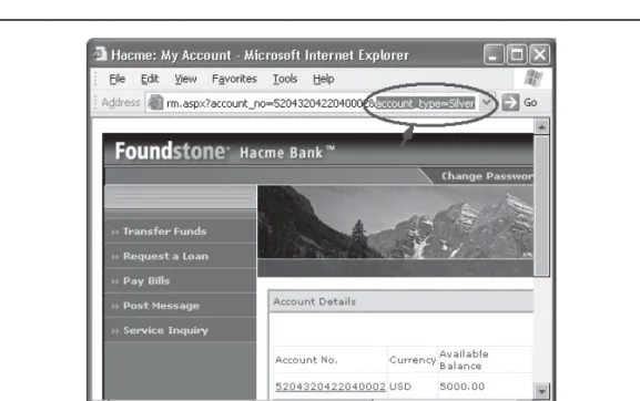 Figure 1-2  Using a basic web browser to attack Foundstone’s Hacme bank. A simple vertical  escalation attack is highlighted with a circle.