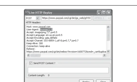Figure 1-5  Firefox LiveHTTPHeaders permits tampering with HTTP data via its Replay feature.