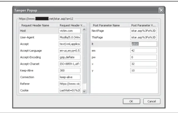 Figure 1-6  Using TamperData to modify a POST request, changing a value to “admin”