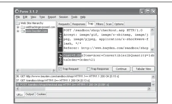 Figure 1-7  Paros Proxy traps an HTTP POST request, permitting tampering with a hidden “Cost” ﬁ eld.