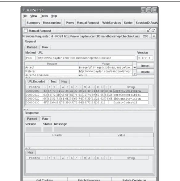 Figure 1-8  OWASP WebScarab’s HTTP proxy offers on-the-ﬂ y decoding/encoding of parameters,  as shown in this example using the hidden “Cost” ﬁ eld.