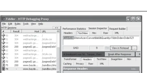 Figure 1-9  Fiddler slashes prices by tampering with HTTP POST data. Here, again, we’ve dropped  the price from $1,995 to $5.