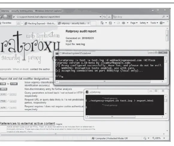 Figure 1-11  Google ratproxy deployed with Cygwin on Windows 7 examines a web site.