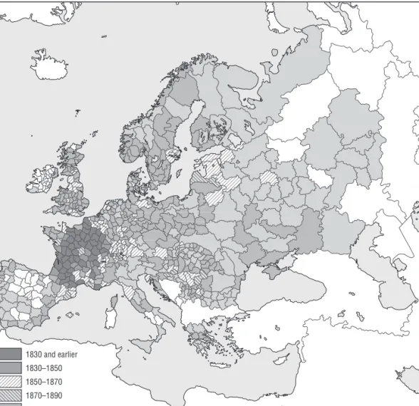 Figure 2.7 Earliest date of a 10 percent decrease in fertility, by province (Coale and Watkins, 1986)