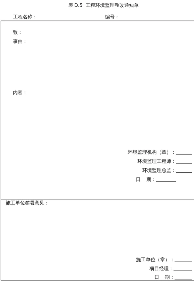 表 D.5  工程环境监理整改通知单 工程名称：                                               编号： 致：  事由： 内容： 环境监理机构（章）：            环境监理工程师：            环境监理总监：            日    期：               施工单位签署意见： 施工单位（章）：             项目经理：             日    期：             抄送：建设单位 表 D.6  工程
