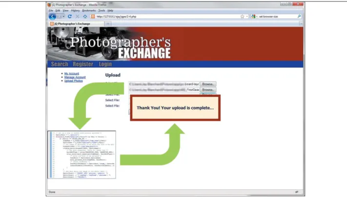 FIGURE 3.7 This screen reveals  the magic behind the jQuery  upload process. An iframe is  temporarily created to hold the  file-upload processing script.