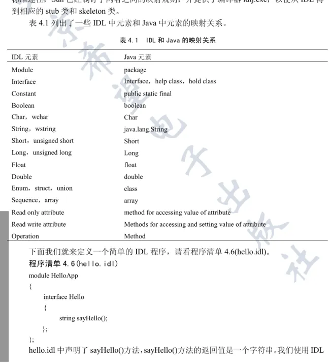 表 4.1 列出了一些 IDL 中元素和 Java 中元素的映射关系   表 4.1  IDL 和 Java 的映射关系  IDL 元素 Java 元素 