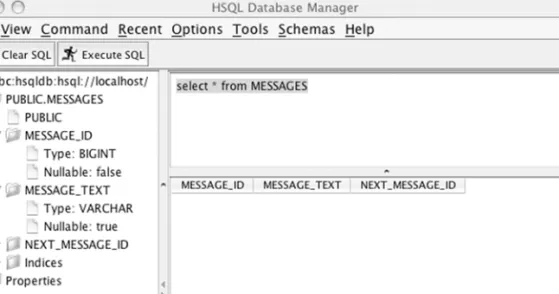 Figure 2.5 The HSQLDB browser and SQL console