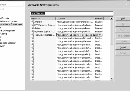 Figure 1-6. The Available Software Sites Preferences window shows the recently added Android site