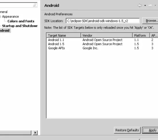 Figure 1-9. Workbench Preferences window showing Android options 