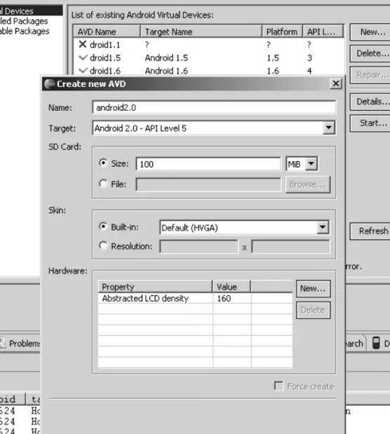 Figure 2-3. Creating a new AVD in Android SDK 1.6 
