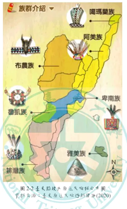 圖 2-2 臺東縣境內原住民族群分布圖  資料來源：臺東原住民旅遊新聞網(2020)  由於遊客至臺東旅遊選擇住宿民宿之旅遊方式漸趨風行，臺東民宿業也因此 如蜂湧般之出現。根據交通部觀光局 2020 年 12 月底的統計所示，臺東合法民宿 已達 1336 家。民宿近年來已逐漸轉型，已經不再是遊客找不到住宿時次佳的選擇， 在競爭激烈的經營環境之下，使得整個民宿產業在休閒旅遊風氣興盛中產生了新 的風貌。面對激烈競爭的環境，民宿業者需要更多的專業方式來投入民宿的經營， 一個成功的民宿經營者會善加利用台東市的重要資