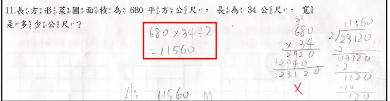 圖 4-7 S4 直接用三角形面積公式求長方形的寬  【 1100415 S4 前測】  在正方形周長反推求面積的題目中，誤用正方形周長與面積公式。 S1 與 S3 直接用「周長×周長＝面積」，沒有思考題目給的是周長，直接把周長當作是邊長 來求正方形面積，如圖 4-8。S5 則是用「周長×4＝面積」，也沒有注意題目給的是 周長，第一個錯誤是把周長當邊長，第二個錯誤是用周長的公式來解決面積問題， 如圖 4-9。  【 1100415 S1 前測】  【 1100415 S3 前測】  圖 4-8 S1、S3 
