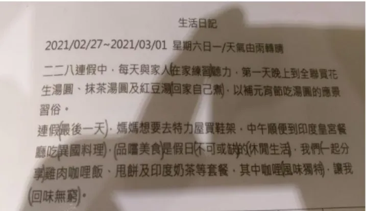 圖  4-14    A 受訪者聽家人唸文章錄音檔進行聽能復健  資料來源：A 受訪者提供  ■ B (自付，女性，42 歲，雙耳植入：左耳 18 歲/右耳 40 歲)  B 第一耳左耳植入人工電子耳手術成功後，並沒有參加復健課程，因當時只 有部分醫院有提供聽語復健，但自己的時間上無法配合，只能靠自己練習多說話 多聽，使自己聽與說逐漸進步，至於人際關係，因當下自己為了植入人工電子耳 手術而剃光頭，一位光頭女孩子又聽不懂，所以同學們不太敢和Ｂ講話，但Ｂ在 課業方面上很認真，就會出現同學來向Ｂ請教功課，漸漸的，