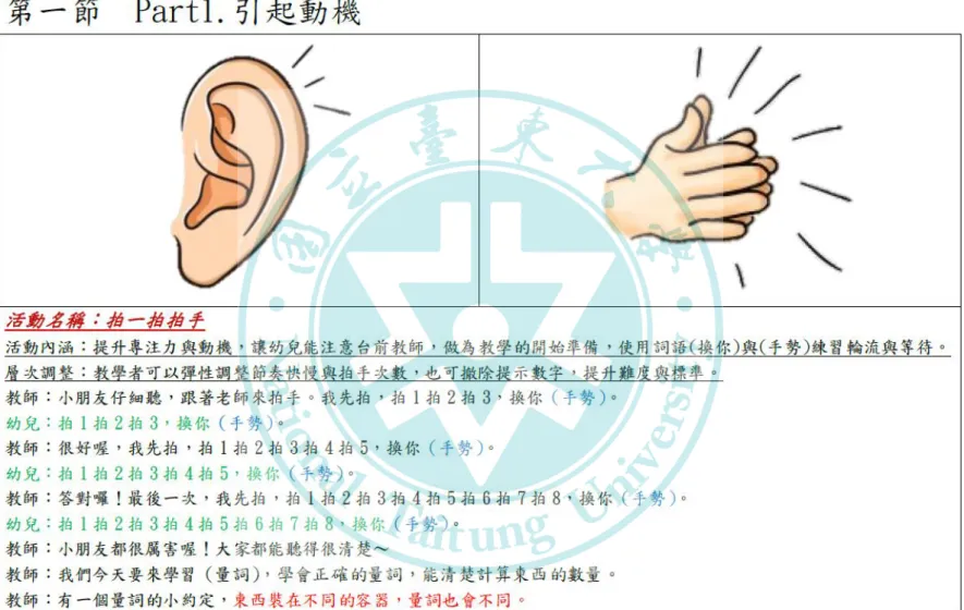 圖 6  量詞教材教學手冊示例-引起動機-拍一拍拍手 