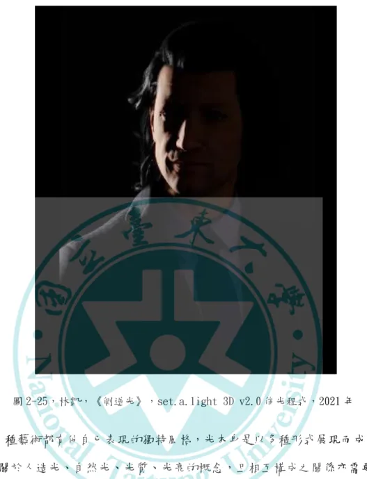 圖 2-25，林凱，《側逆光》，set.a.light 3D v2.0 佈光程式，2021 年 每一種藝術都有他自已表現的獨特風格，光本身是以多種形式展現而成，前 述談到關於人造光、自然光、光質、光亮的概念，且相互構成之關係亦需要環 境變化或者掌握控光技巧方式，才能達到符合理想的畫面，若將自然光、人造 光對應光質、光亮時，由於光的特性不同，呈現出來的效果亦有各自的特性， 但是所有的光，無論是自然光、人造光與光質光亮等，彼此之間都有相同的特 性 〆 