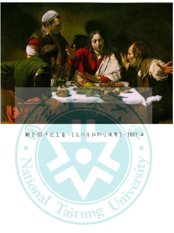 圖 2-35 卡拉瓦喬， 《在以馬杵斯吃晚餐》 ，1601 年