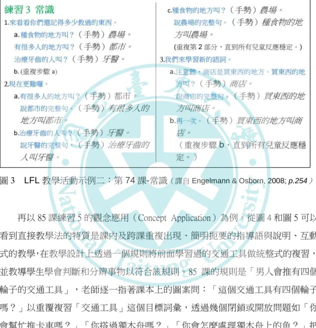 圖 3  LFL 教學活動示例二：第 74 課-常識 （譯自 Engelmann &amp; Osborn, 2008; p.254 ）