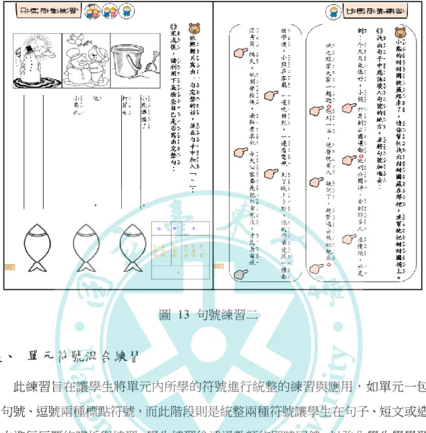 圖  13  句號練習二  陸、  單元符號混合練習  此練習旨在讓學生將單元內所學的符號進行統整的練習與應用，如單元一包 含句號、逗號兩種標點符號，而此階段則是統整兩種符號讓學生在句子、短文或造 句中進行反覆的辨析與練習，學生練習後透過教師的即時回饋，以強化學生學學習 的內容，若有錯誤也立即進行修正，以利學生辨析，如圖 14。 
